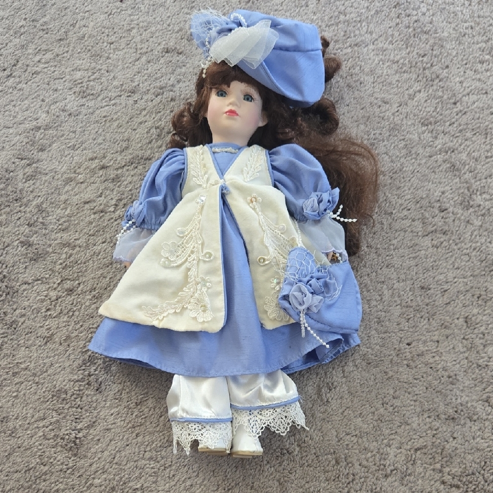 Porcelain Fashion Doll in Blue and Cream Dress - Collectible Kids Toy
